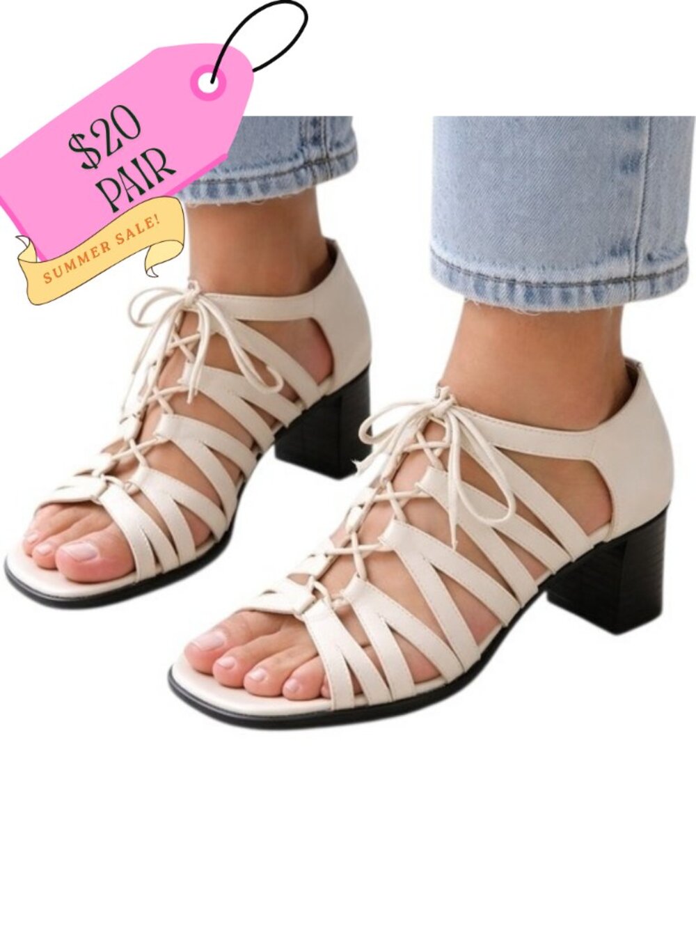 Laura Scott White Leather Gladiator Block Heel Sandals